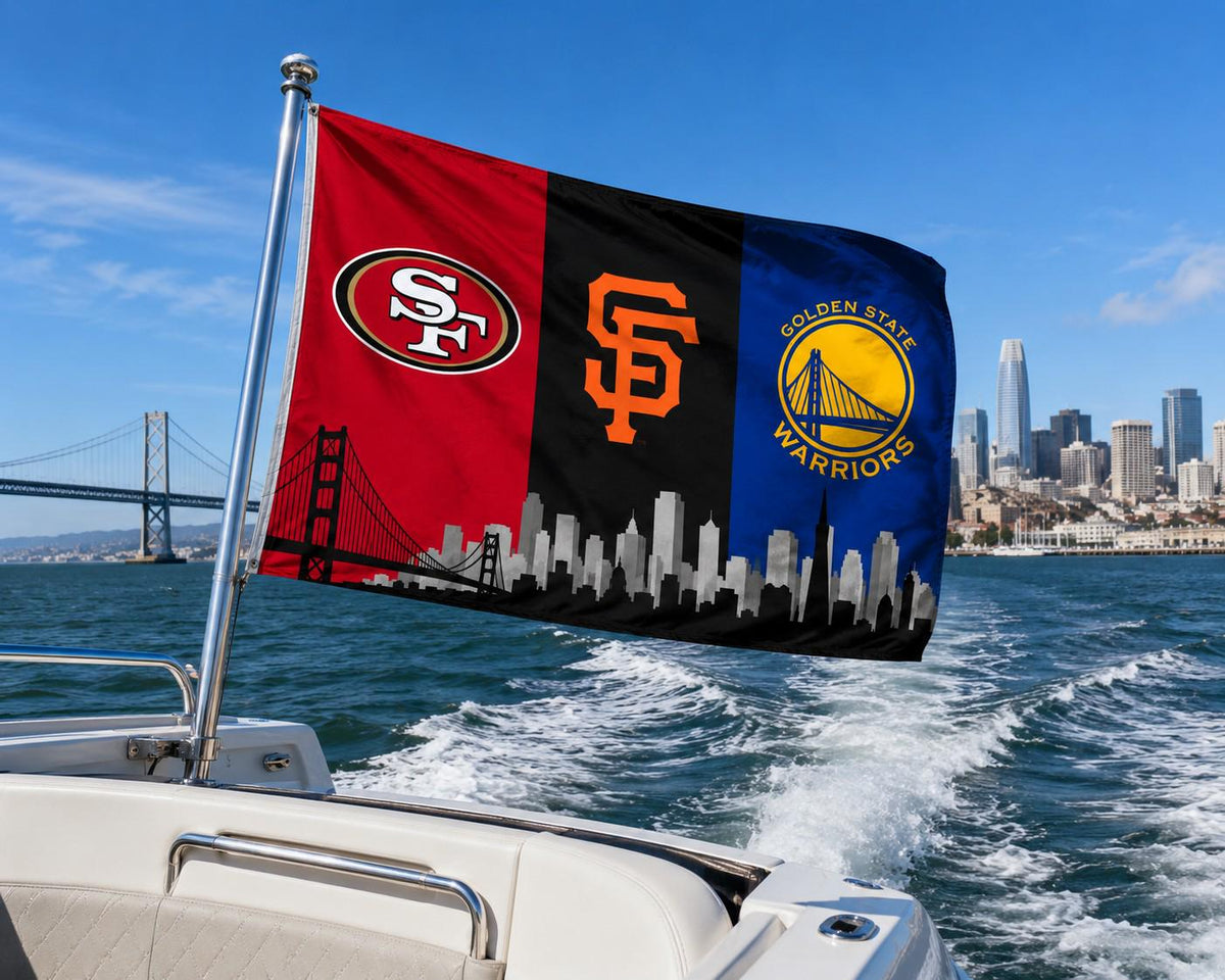 San Francisco Sports Flag, 49ers Giants Warriors Flag, San Francisco Skyline Banner, Bay Area Mancave Decor, SF Fan Gift