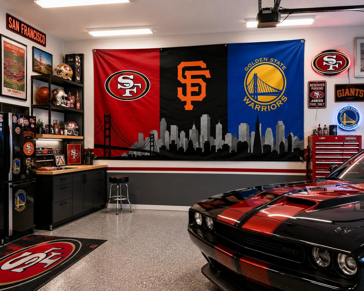 San Francisco Sports Flag, 49ers Giants Warriors Flag, San Francisco Skyline Banner, Bay Area Mancave Decor, SF Fan Gift