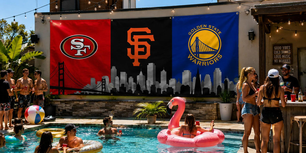 San Francisco Sports Flag, 49ers Giants Warriors Flag, San Francisco Skyline Banner, Bay Area Mancave Decor, SF Fan Gift