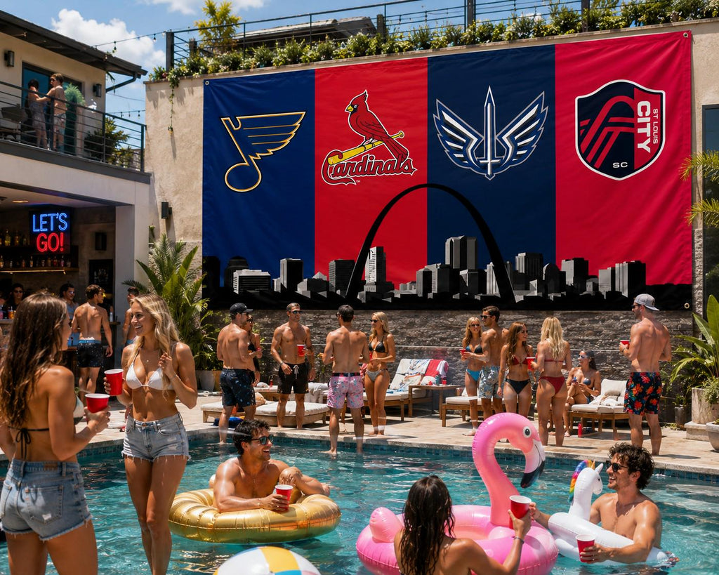 St Louis Sports Flag, Blues Cardinals Battlehawks City SC Flag, St Louis Skyline Banner, STL Mancave Decor, St Louis Fan Gift