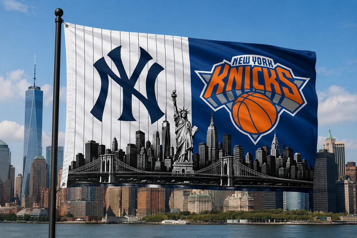 New York Yankees Knicks Flag, NYC Sports Flag, New York Skyline Banner, Yankees Wall Flag, Knicks Decor, Mancave Gift