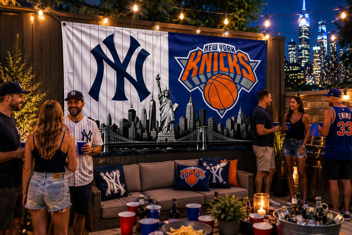 New York Yankees Knicks Flag, NYC Sports Flag, New York Skyline Banner, Yankees Wall Flag, Knicks Decor, Mancave Gift