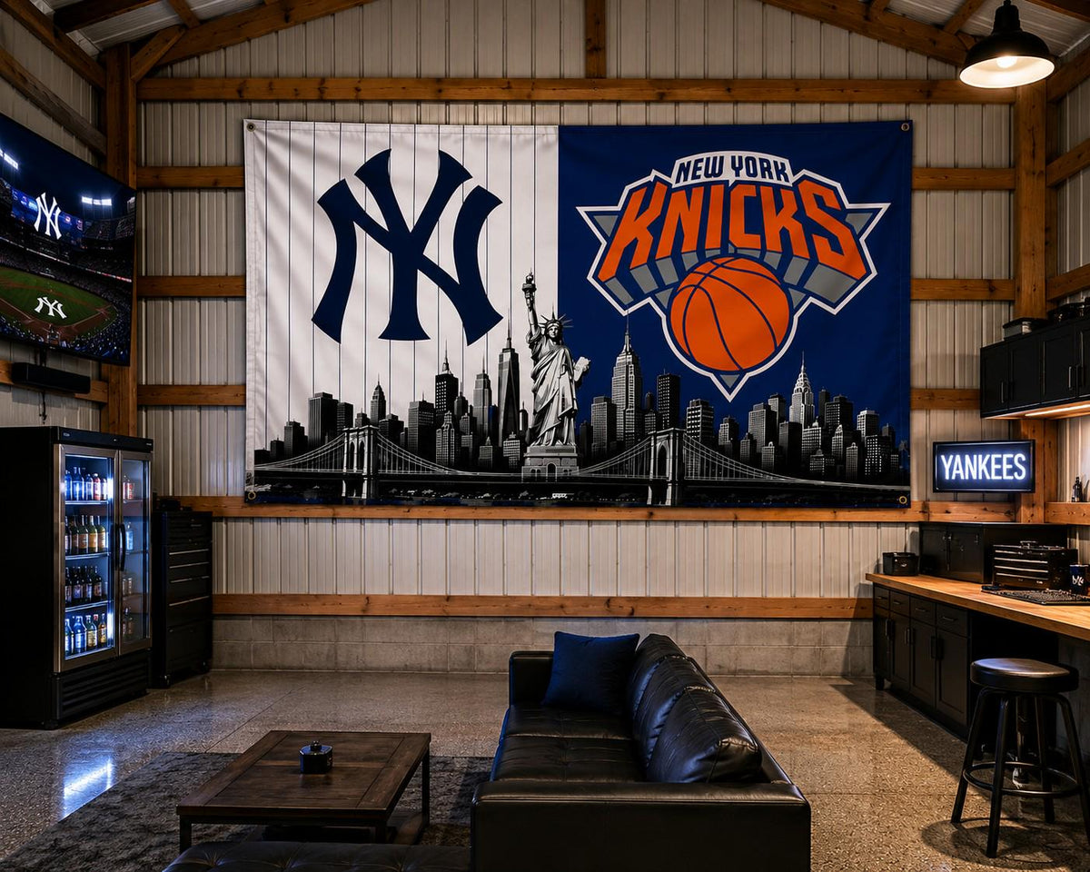 New York Yankees Knicks Flag, NYC Sports Flag, New York Skyline Banner, Yankees Wall Flag, Knicks Decor, Mancave Gift