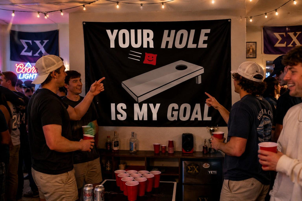 Funny Cornhole Flag | Your Hole Is My Goal Flag | Cornhole Banner | Backyard Party Decor | Frat House Flag | Gift for Cornhole Players
