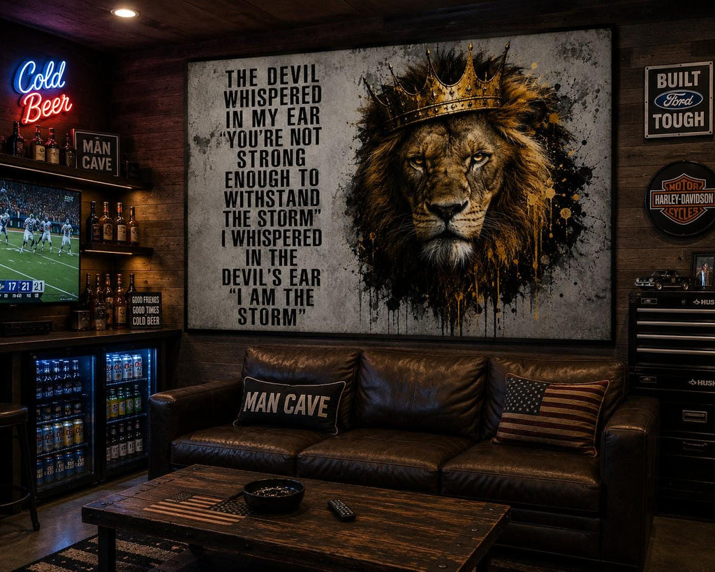 Motivational Lion Flag | The Devil Whispered in My Ear I Am the Storm | Man Cave Flag | Garage Banner | Home Gym Decor