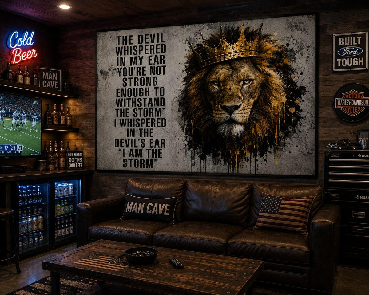 Motivational Lion Flag | The Devil Whispered in My Ear I Am the Storm | Man Cave Flag | Garage Banner | Home Gym Decor