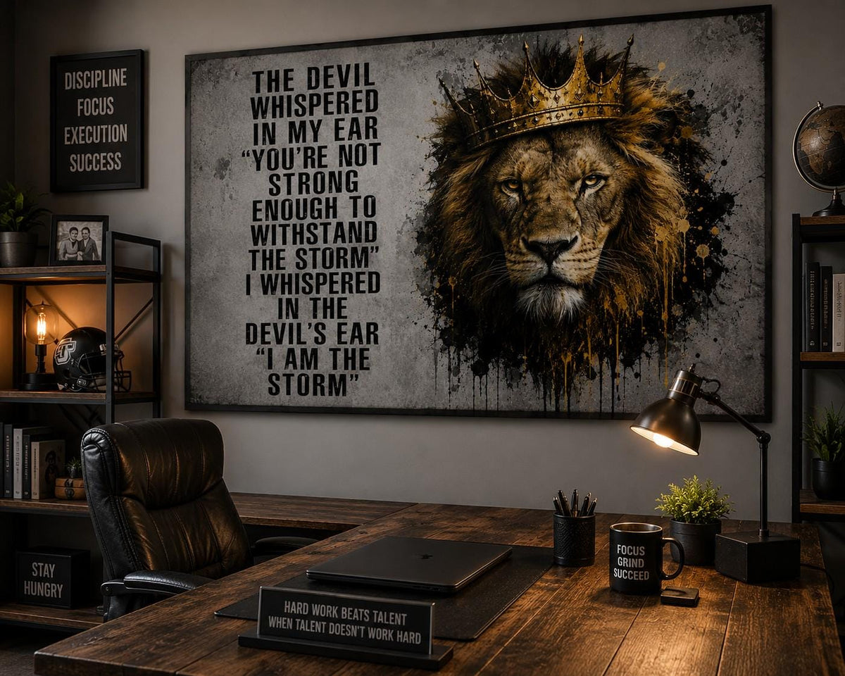Motivational Lion Flag | The Devil Whispered in My Ear I Am the Storm | Man Cave Flag | Garage Banner | Home Gym Decor