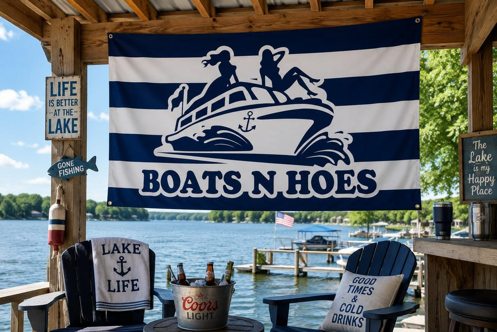 Boats N Hoes Flag | Adult Lake Humor – design view 2