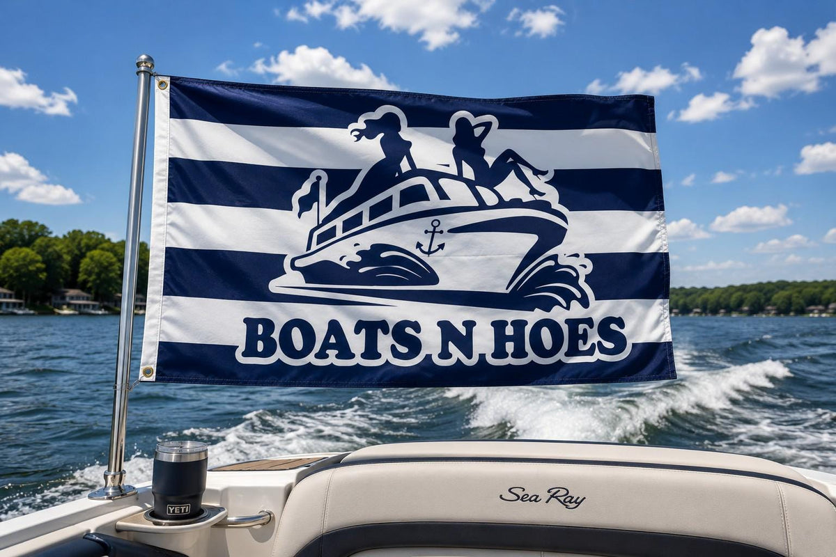 Boats N Hoes Flag | Adult Lake Humor – design view 4