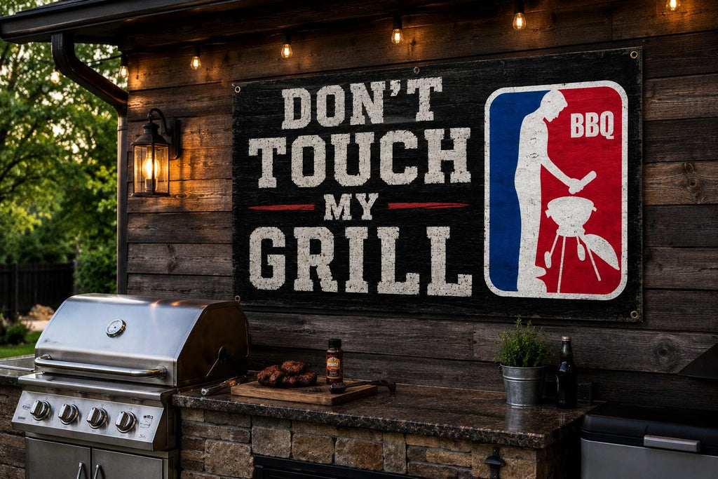 Funny BBQ flag for outdoor kitchen and patio decor