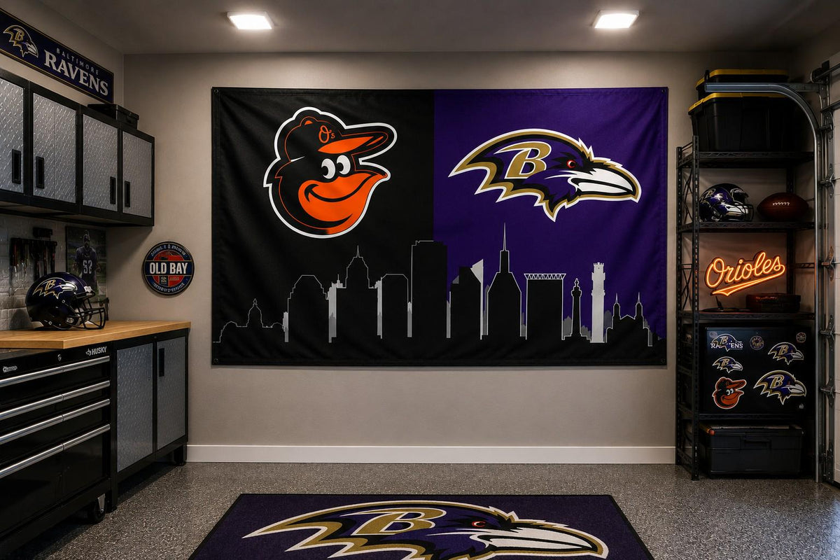 Baltimore Ravens Orioles Flag, Baltimore Sports Flag, Ravens Orioles Banner, Baltimore Skyline Flag, Mancave Wall Decor