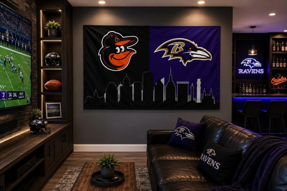 Baltimore Ravens Orioles Flag, Baltimore Sports Flag, Ravens Orioles Banner, Baltimore Skyline Flag, Mancave Wall Decor