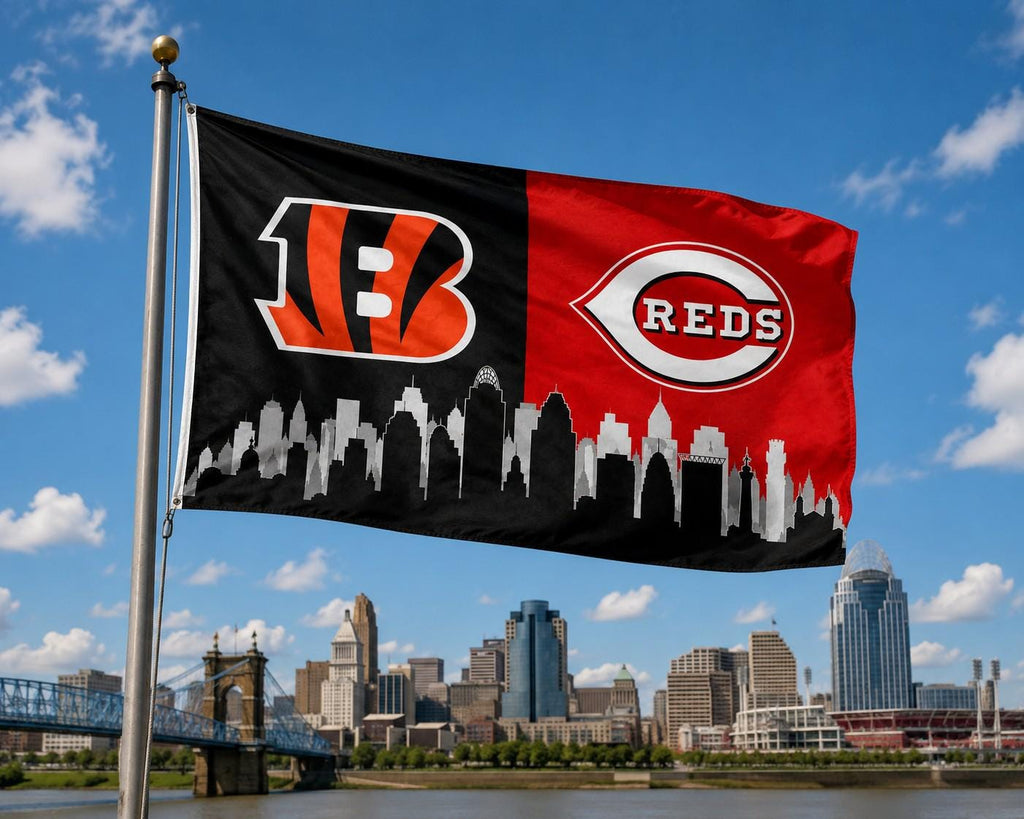Cincinnati Sports Flag, Bengals Reds Flag, Cincinnati Skyline Flag, Cincinnati Banner, Ohio Sports Decor, Mancave Wall Flag