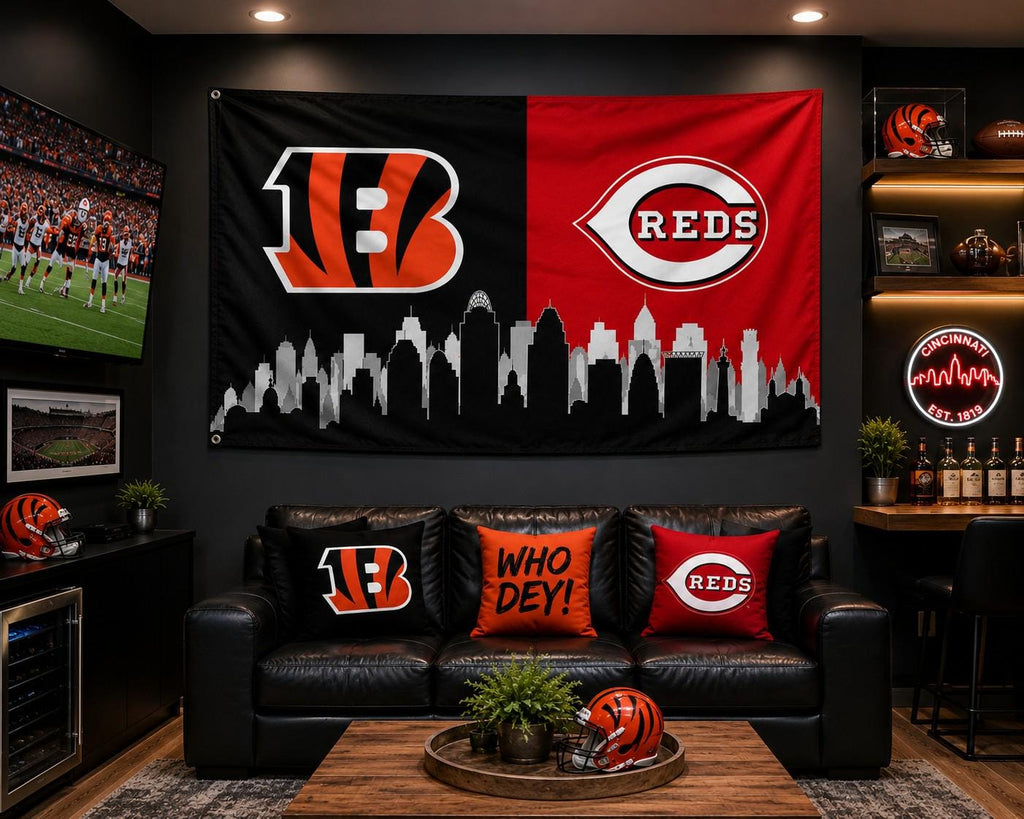 Cincinnati Sports Flag, Bengals Reds Flag, Cincinnati Skyline Flag, Cincinnati Banner, Ohio Sports Decor, Mancave Wall Flag