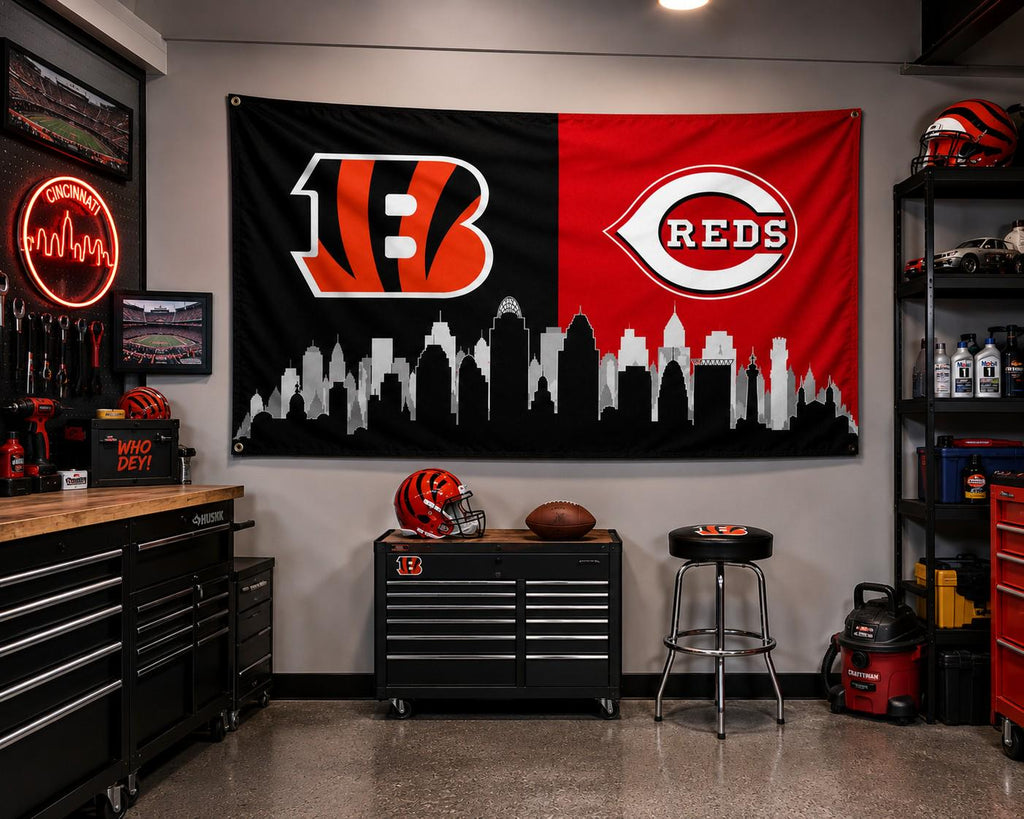 Cincinnati Sports Flag, Bengals Reds Flag, Cincinnati Skyline Flag, Cincinnati Banner, Ohio Sports Decor, Mancave Wall Flag