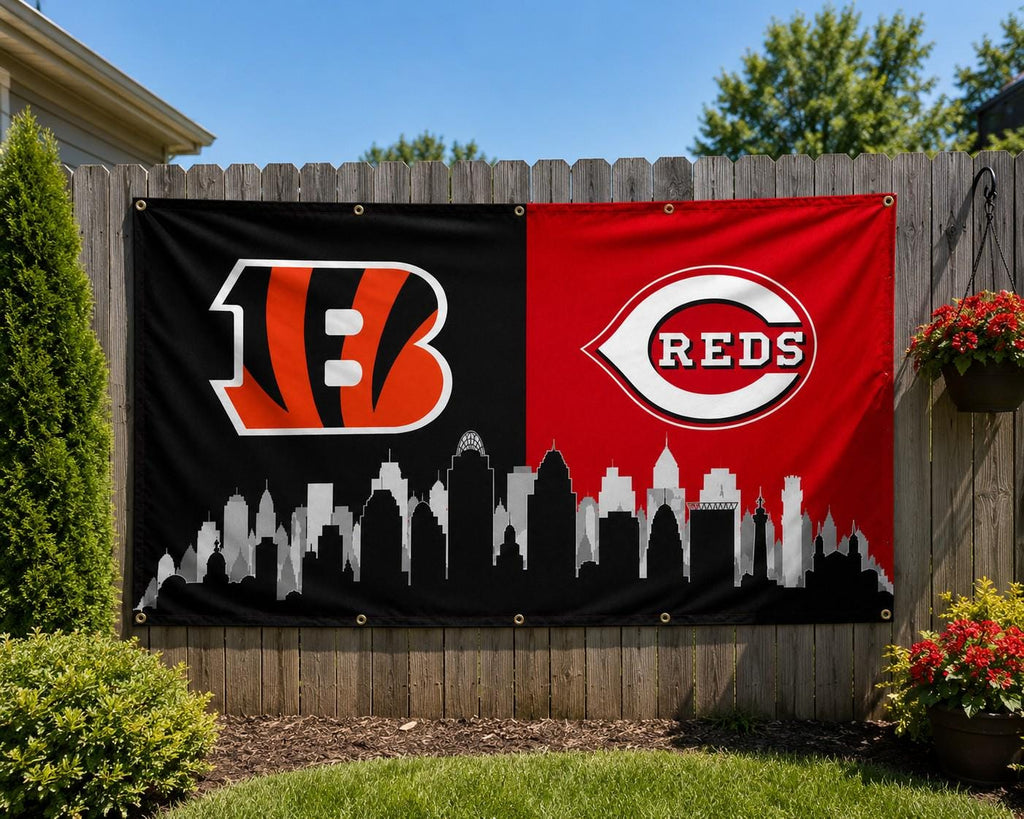 Cincinnati Sports Flag, Bengals Reds Flag, Cincinnati Skyline Flag, Cincinnati Banner, Ohio Sports Decor, Mancave Wall Flag