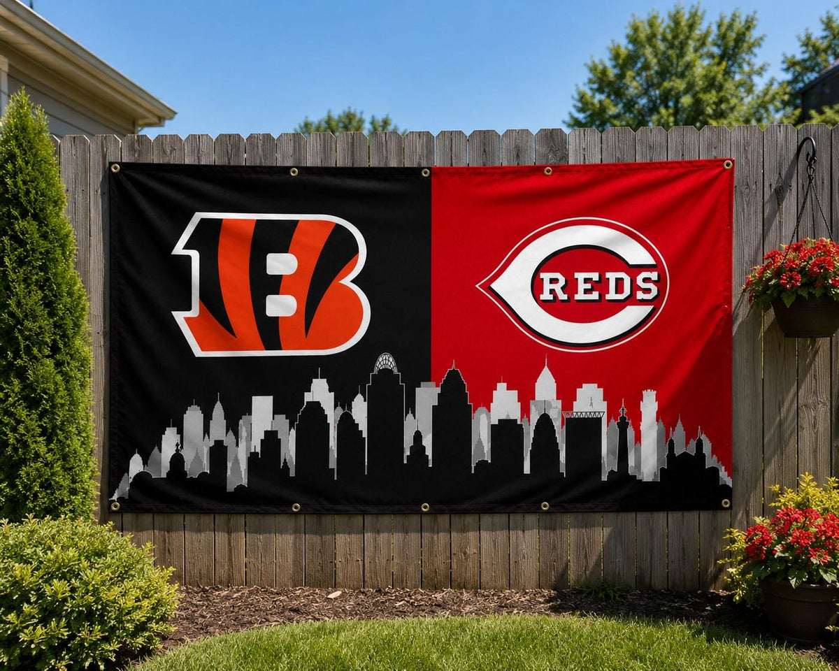 Cincinnati Sports Flag, Bengals Reds Flag, Cincinnati Skyline Flag, Cincinnati Banner, Ohio Sports Decor, Mancave Wall Flag