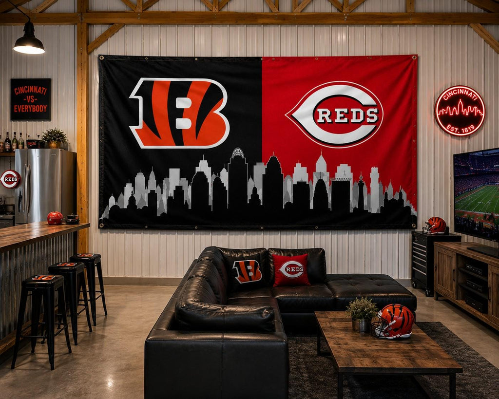 Cincinnati Sports Flag, Bengals Reds Flag, Cincinnati Skyline Flag, Cincinnati Banner, Ohio Sports Decor, Mancave Wall Flag