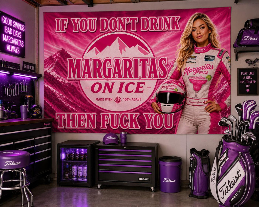 Margaritas on Ice Flag | Adult Bar Humor displayed in a home bar