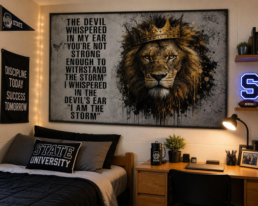 Motivational Lion Flag | The Devil Whispered in My Ear I Am the Storm | Man Cave Flag | Garage Banner | Home Gym Decor