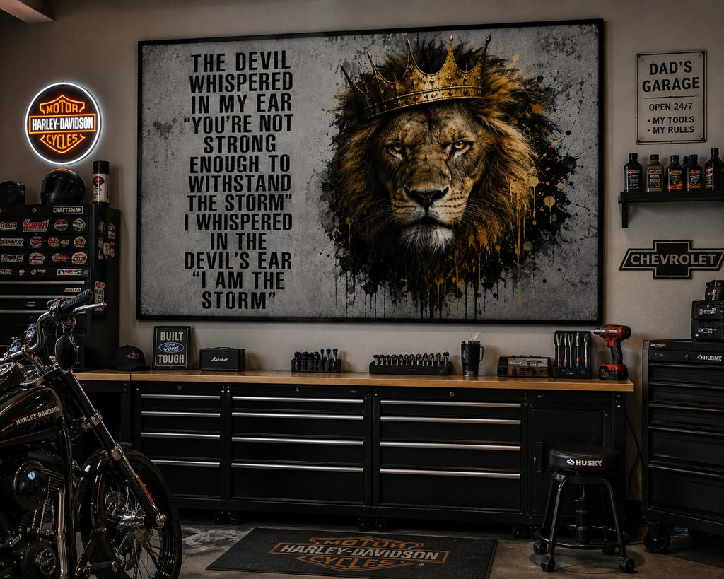 Motivational Lion Flag | The Devil Whispered in My Ear I Am the Storm | Man Cave Flag | Garage Banner | Home Gym Decor