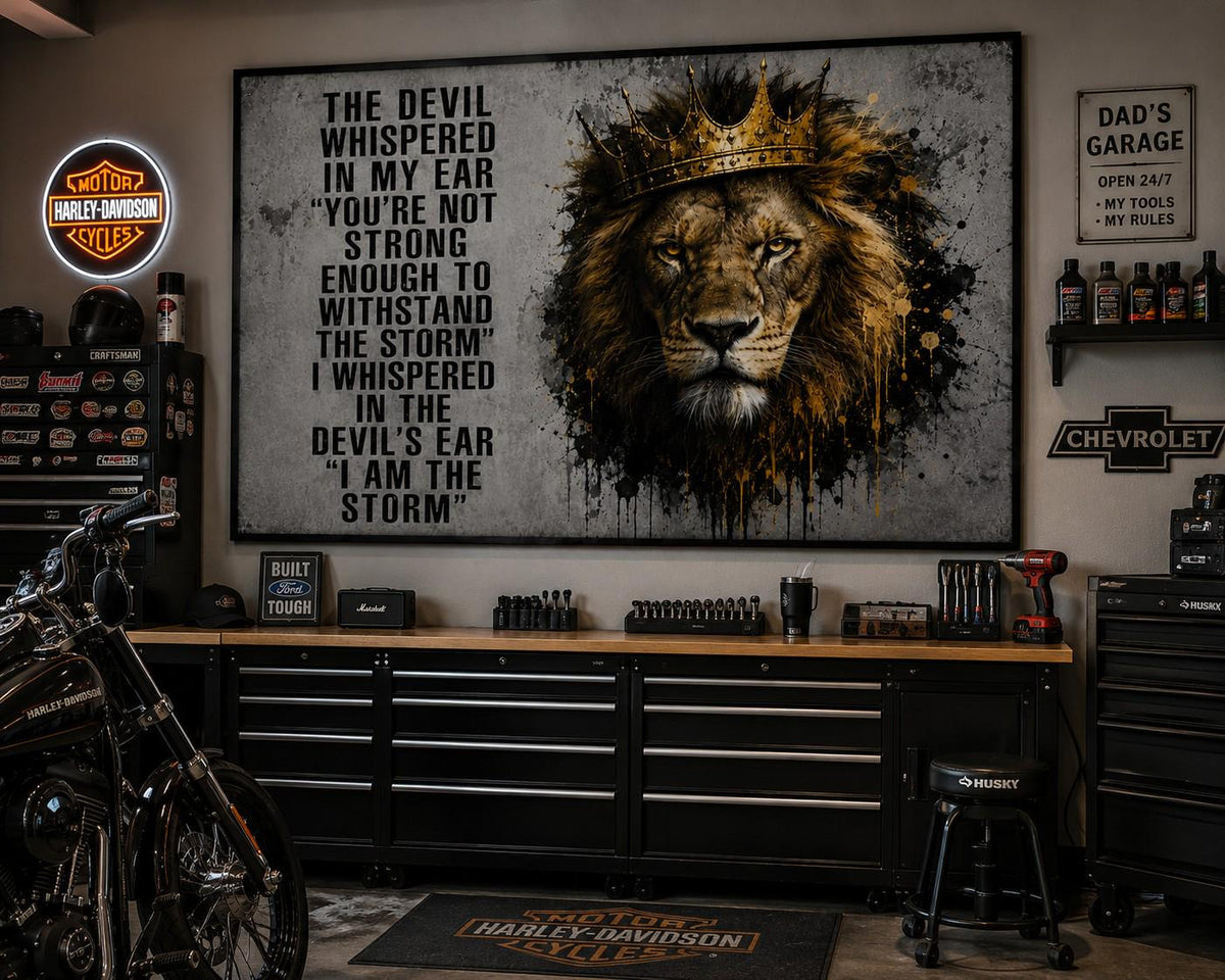 Motivational Lion Flag | The Devil Whispered in My Ear I Am the Storm | Man Cave Flag | Garage Banner | Home Gym Decor