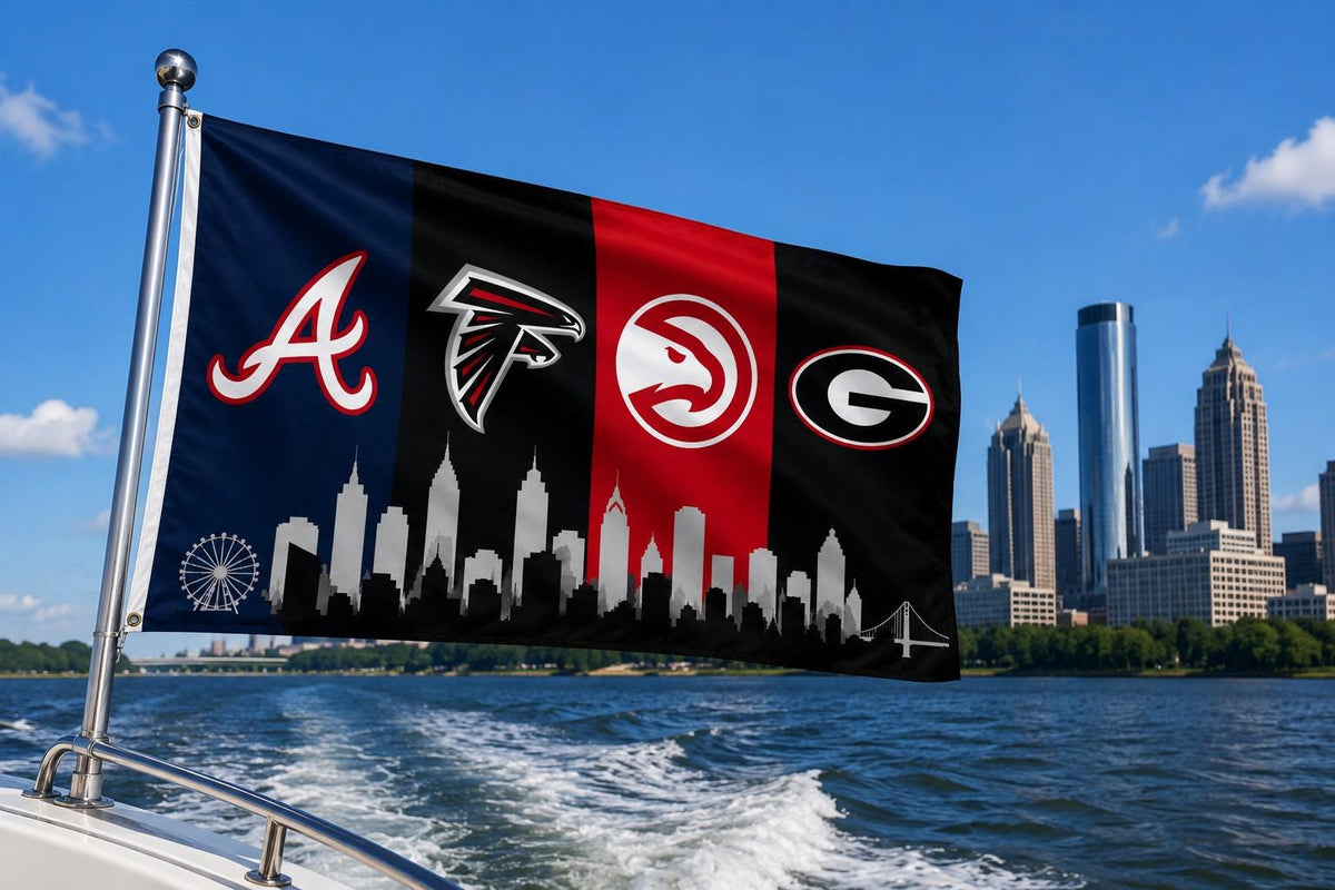 Atlanta Braves Hawks Falcons Flag, Atlanta Skyline Flag, Atlanta Sports Decor, Mancave Flag, Garage Banner Gift