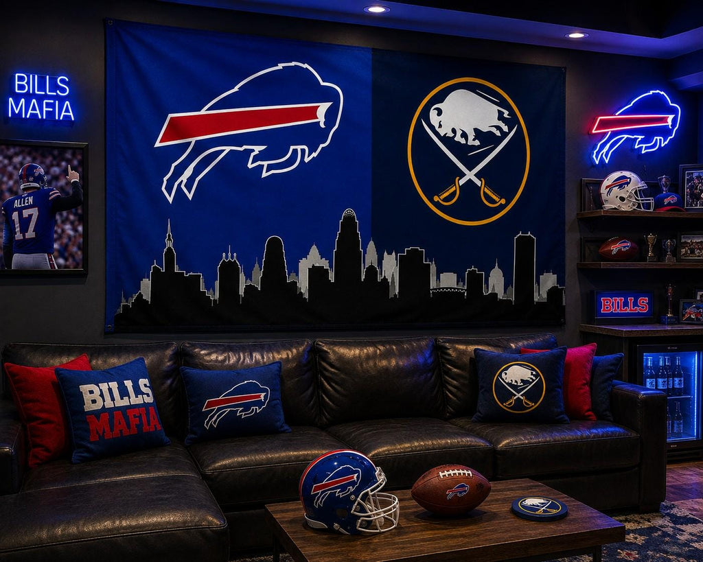 Buffalo Bills Sabres Flag, Buffalo Skyline Flag, Buffalo Sports Flag, Bills Sabres Gift, Mancave Decor, Wall Banner, Tailgate Flag