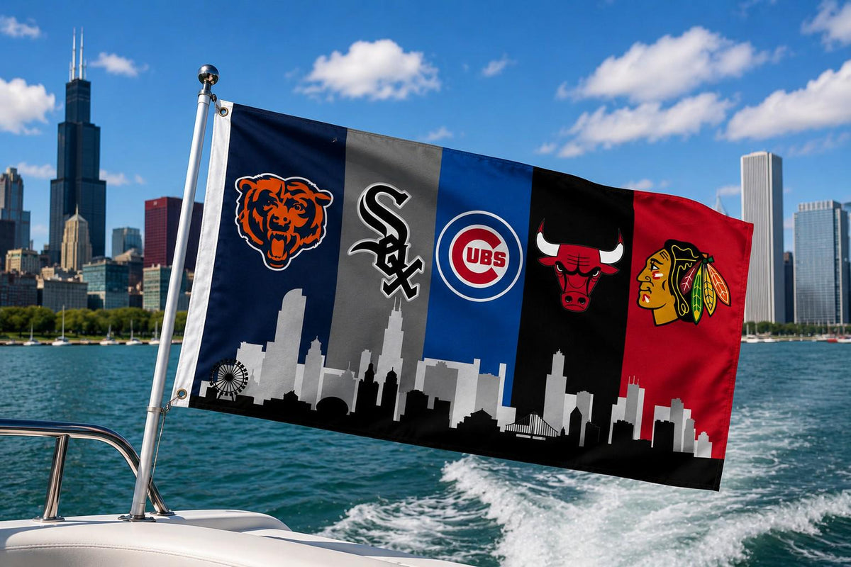 Chicago Sports Banner | Bears Cubs White Sox Bulls Blackhawks Wall Banner | Chicago Flag | Man Cave Garage Decor