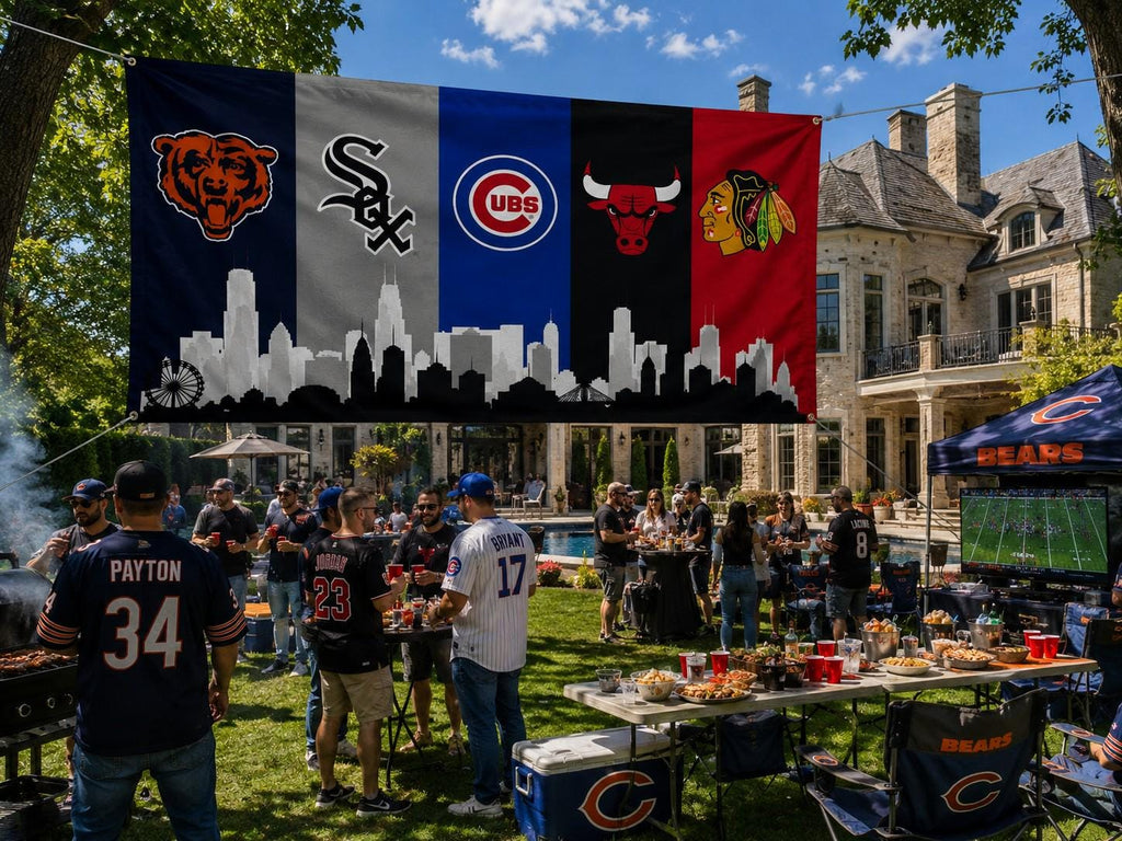 Chicago Sports Banner | Bears Cubs White Sox Bulls Blackhawks Wall Banner | Chicago Flag | Man Cave Garage Decor