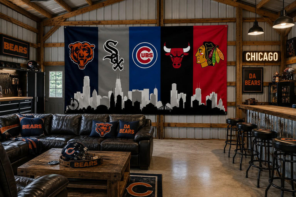 Chicago Sports Banner | Bears Cubs White Sox Bulls Blackhawks Wall Banner | Chicago Flag | Man Cave Garage Decor