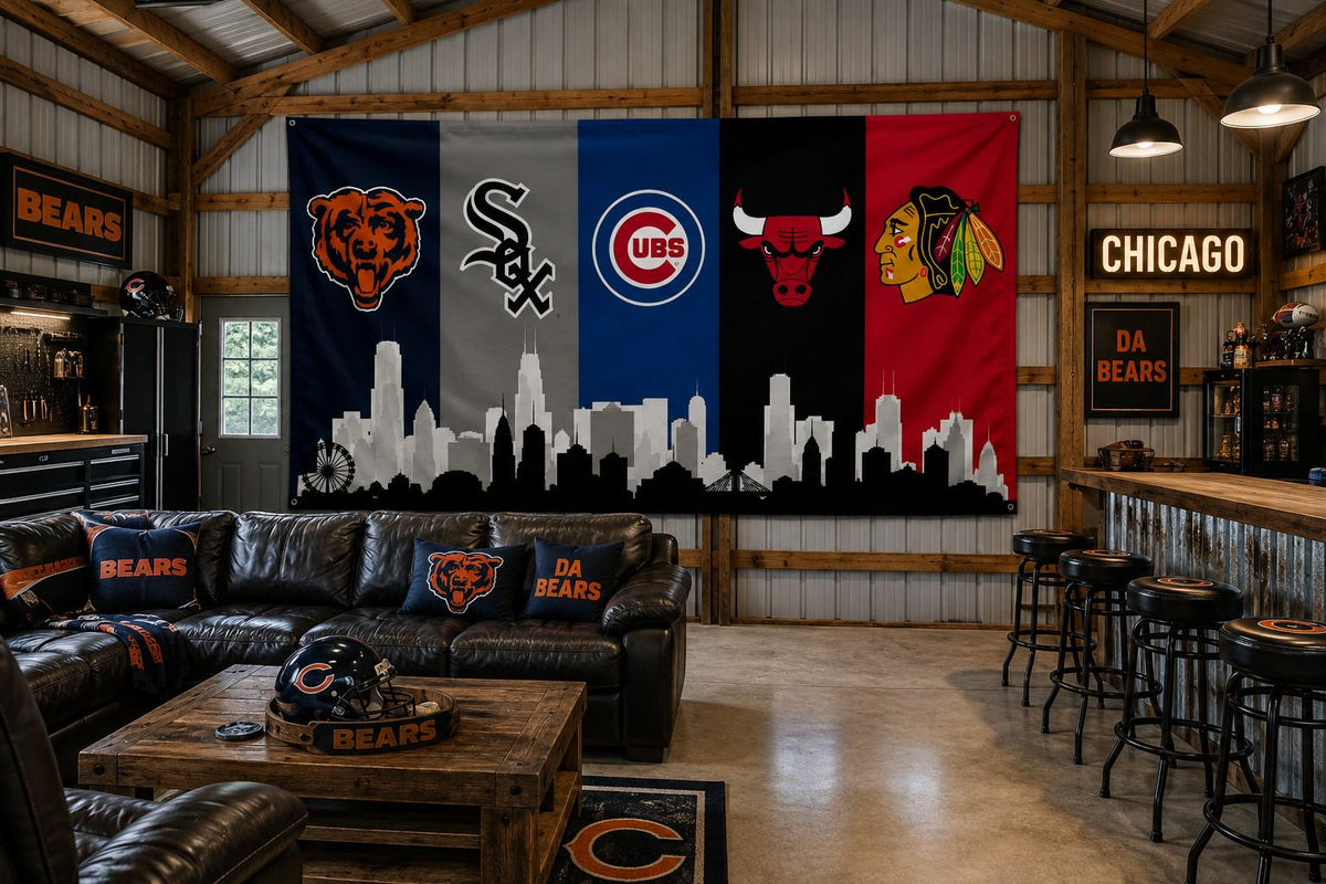 Chicago Sports Banner | Bears Cubs White Sox Bulls Blackhawks Wall Banner | Chicago Flag | Man Cave Garage Decor