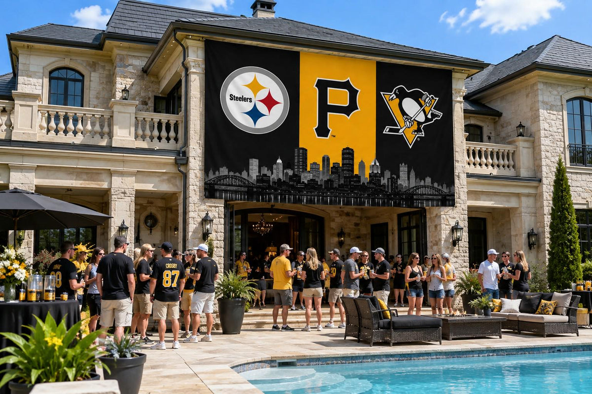 Pittsburgh Sports Banner | Steelers Pirates Penguins Banner | Pittsburgh Skyline Wall Decor | Man Cave Garage Decor Gift