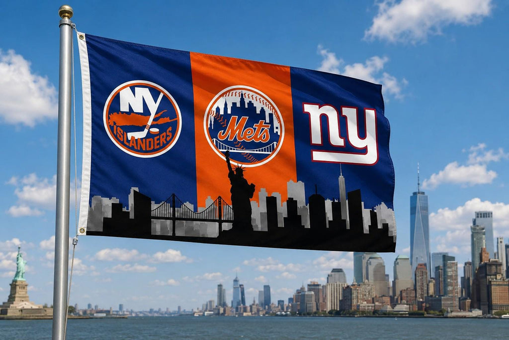 New York Sports Flag, Giants Mets Islanders Flag, NYC Skyline Flag, New York Fan Cave Decor, NY Wall Banner, Tailgate Gift