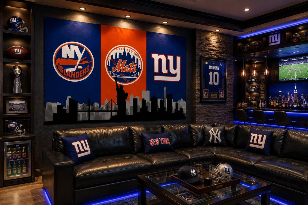 New York Sports Flag, Giants Mets Islanders Flag, NYC Skyline Flag, New York Fan Cave Decor, NY Wall Banner, Tailgate Gift
