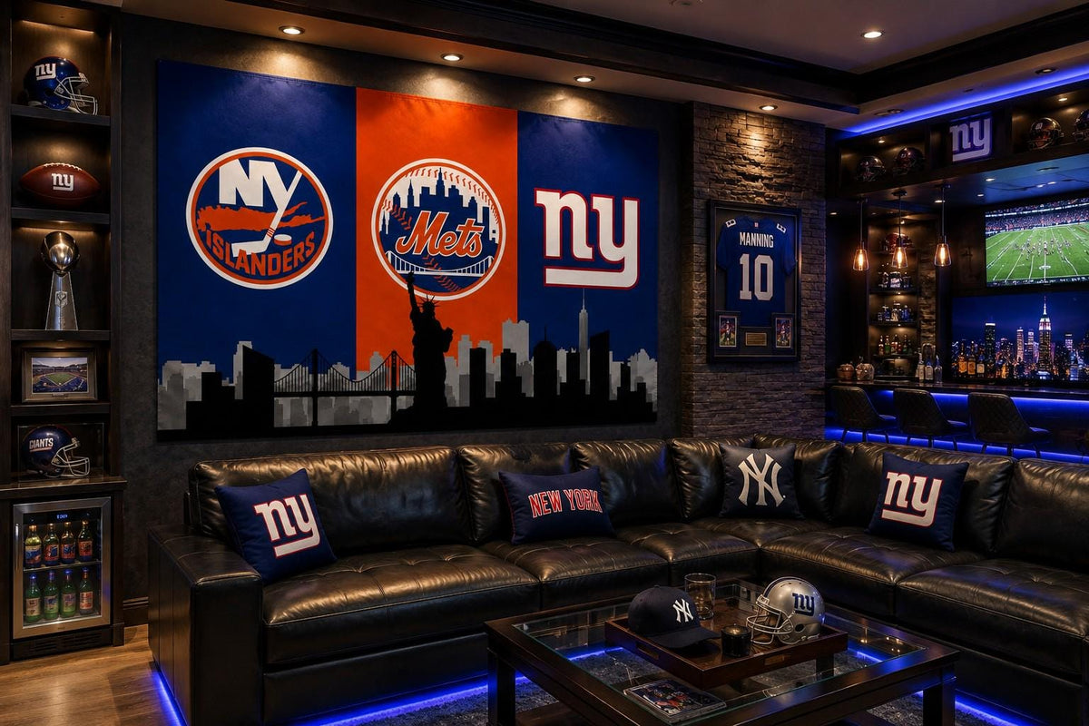 New York Sports Flag, Giants Mets Islanders Flag, NYC Skyline Flag, New York Fan Cave Decor, NY Wall Banner, Tailgate Gift
