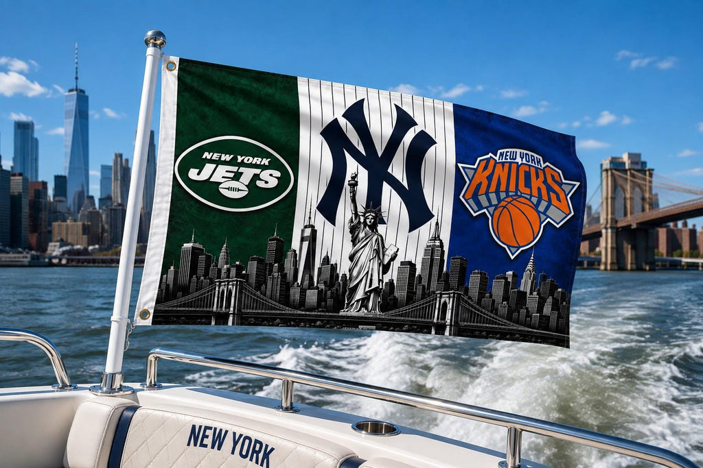 New York Sports Flag, Jets Yankees Knicks Flag, NYC Skyline Flag, New York Fan Gift, Mancave Decor, Banner, Garden Flag