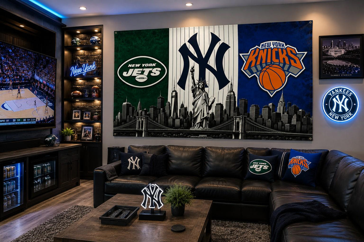 New York Sports Flag, Jets Yankees Knicks Flag, NYC Skyline Flag, New York Fan Gift, Mancave Decor, Banner, Garden Flag