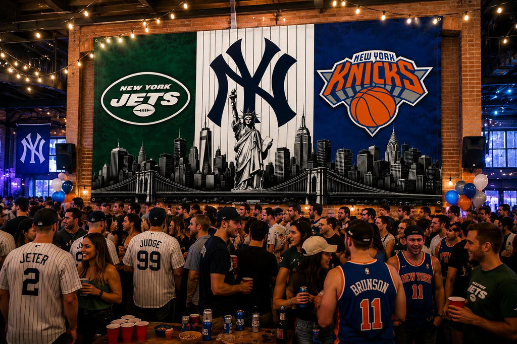 New York Sports Flag, Jets Yankees Knicks Flag, NYC Skyline Flag, New York Fan Gift, Mancave Decor, Banner, Garden Flag