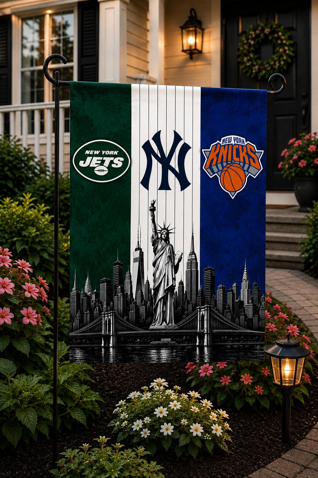 New York Sports Flag, Jets Yankees Knicks Flag, NYC Skyline Flag, New York Fan Gift, Mancave Decor, Banner, Garden Flag