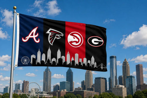 Atlanta Braves Hawks Falcons Flag, Atlanta Skyline Flag, Atlanta Sports Decor, Mancave Flag, Garage Banner Gift