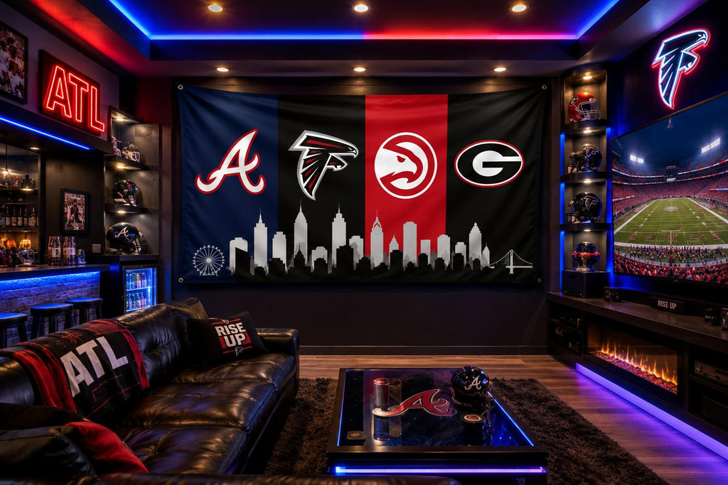 Atlanta Braves Hawks Falcons Flag, Atlanta Skyline Flag, Atlanta Sports Decor, Mancave Flag, Garage Banner Gift