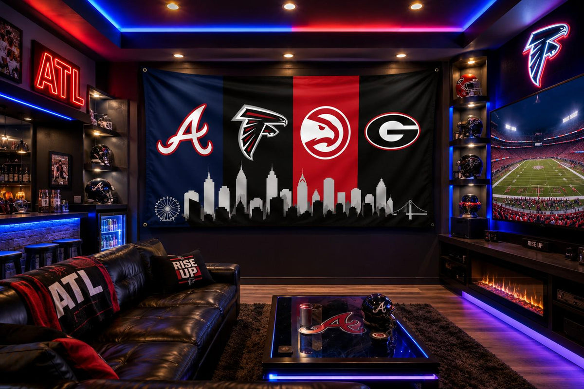 Atlanta Braves Hawks Falcons Flag, Atlanta Skyline Flag, Atlanta Sports Decor, Mancave Flag, Garage Banner Gift