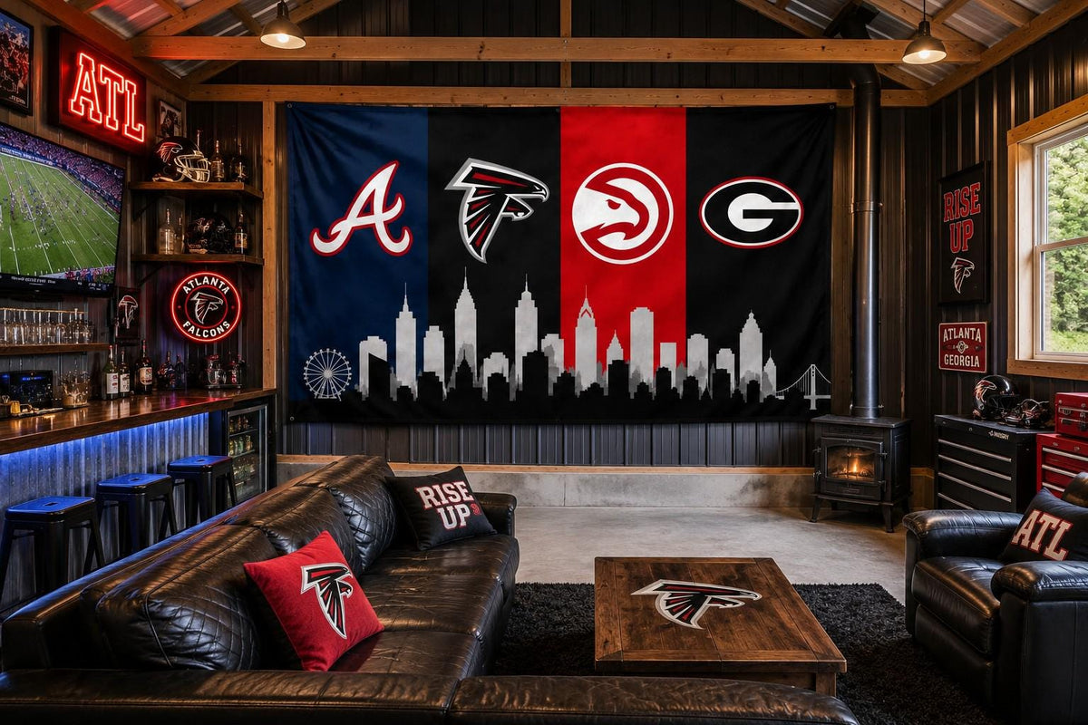Atlanta Braves Hawks Falcons Flag, Atlanta Skyline Flag, Atlanta Sports Decor, Mancave Flag, Garage Banner Gift