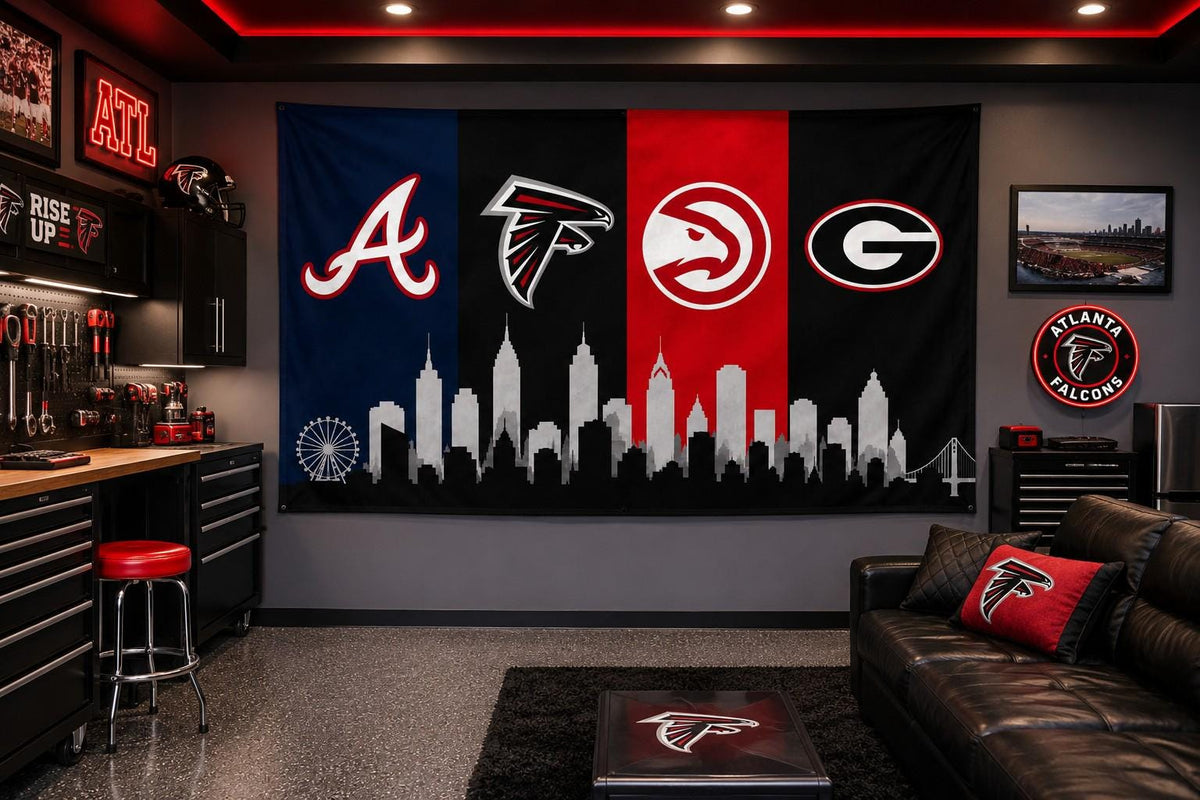 Atlanta Braves Hawks Falcons Flag, Atlanta Skyline Flag, Atlanta Sports Decor, Mancave Flag, Garage Banner Gift