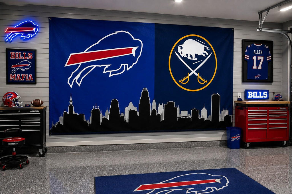 Buffalo Bills Sabres Flag, Buffalo Skyline Flag, Buffalo Sports Flag, Bills Sabres Gift, Mancave Decor, Wall Banner, Tailgate Flag