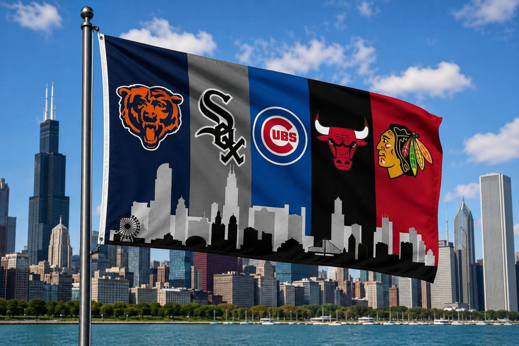 Chicago Sports Banner | Bears Cubs White Sox Bulls Blackhawks Wall Banner | Chicago Flag | Man Cave Garage Decor