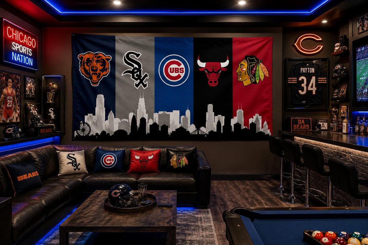 Chicago Sports Banner | Bears Cubs White Sox Bulls Blackhawks Wall Banner | Chicago Flag | Man Cave Garage Decor