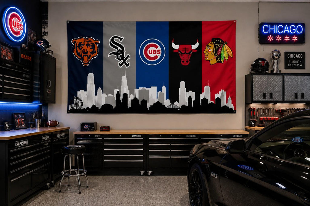 Chicago Sports Banner | Bears Cubs White Sox Bulls Blackhawks Wall Banner | Chicago Flag | Man Cave Garage Decor