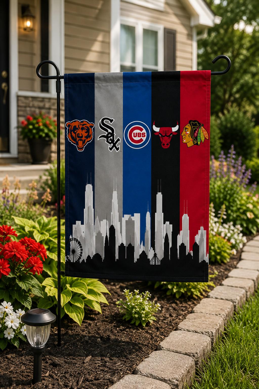 Chicago Sports Banner | Bears Cubs White Sox Bulls Blackhawks Wall Banner | Chicago Flag | Man Cave Garage Decor